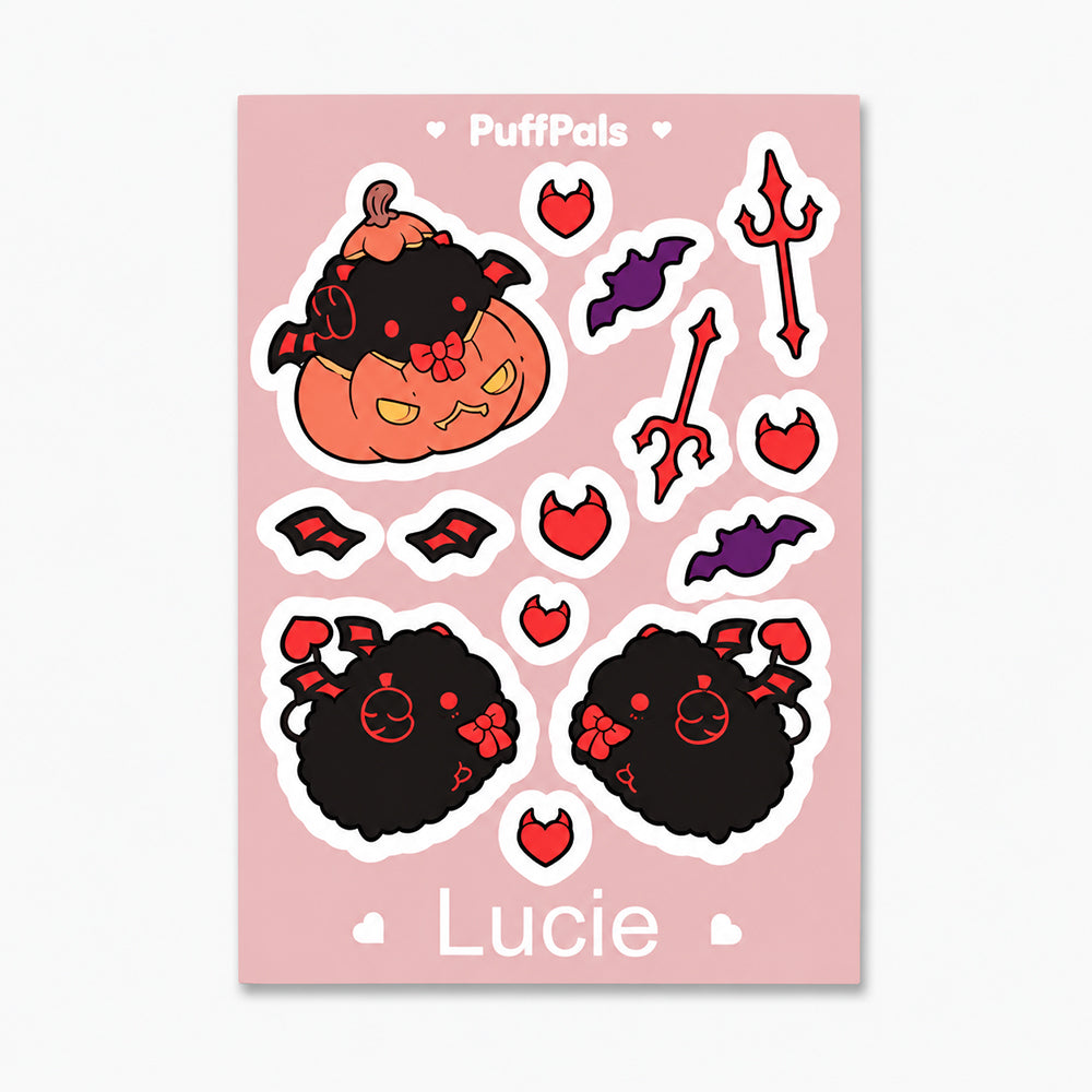 Sticker sheet featuring a pumpkin with black hair and bow, two fluffy black creatures with red bows, bats, hearts, and tridents in orange, black, red, and purple