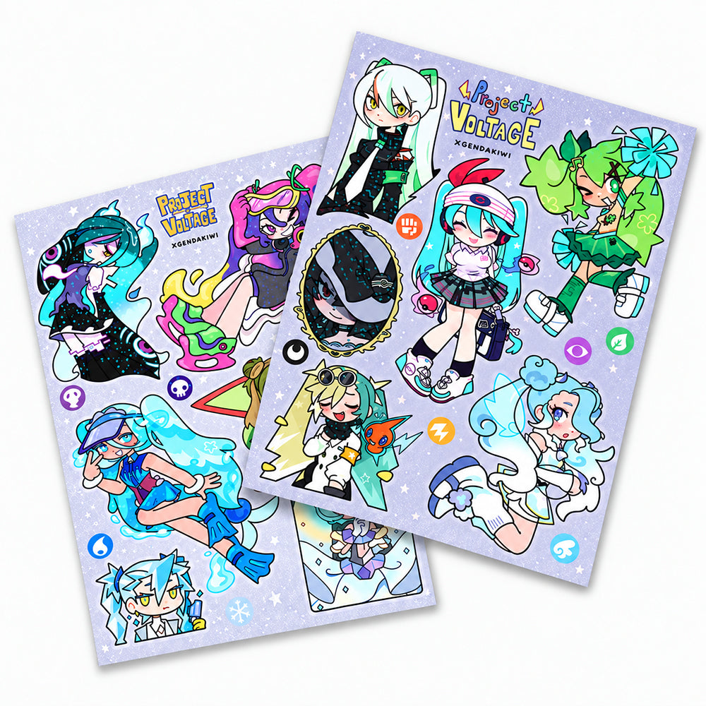 Two sticker sheets featuring colorful anime-style characters with vibrant hair, expressive eyes, and dynamic poses on a starry lavender background
