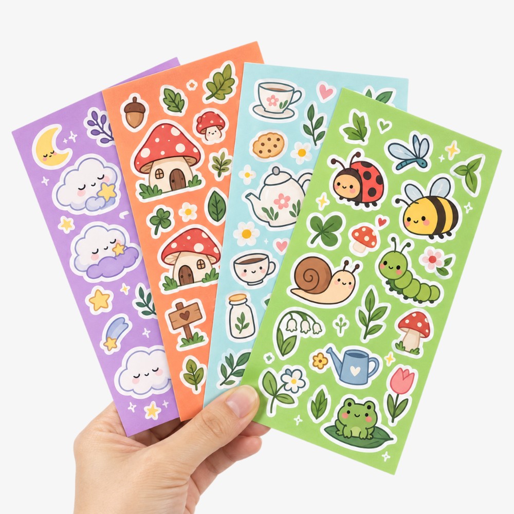 Four colorful sticker sheets featuring whimsical illustrations like mushrooms, insects, clouds, and teacups in pastel purple, orange, blue, and green backgrounds
