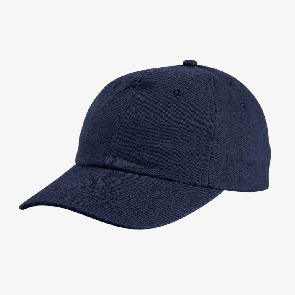 Navy blue unstructured dad hat with a curved brim and visible stitching details