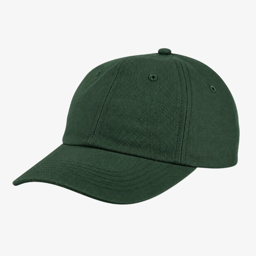 Dark green unstructured dad hat with a curved brim, six-panel crown, and fabric-covered button