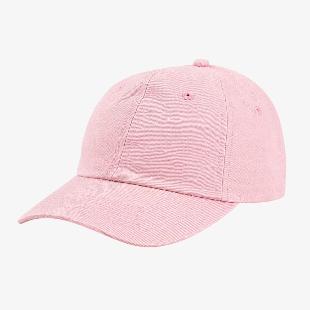 Soft pink unstructured dad hat with curved brim, six-panel construction, and fabric-covered button