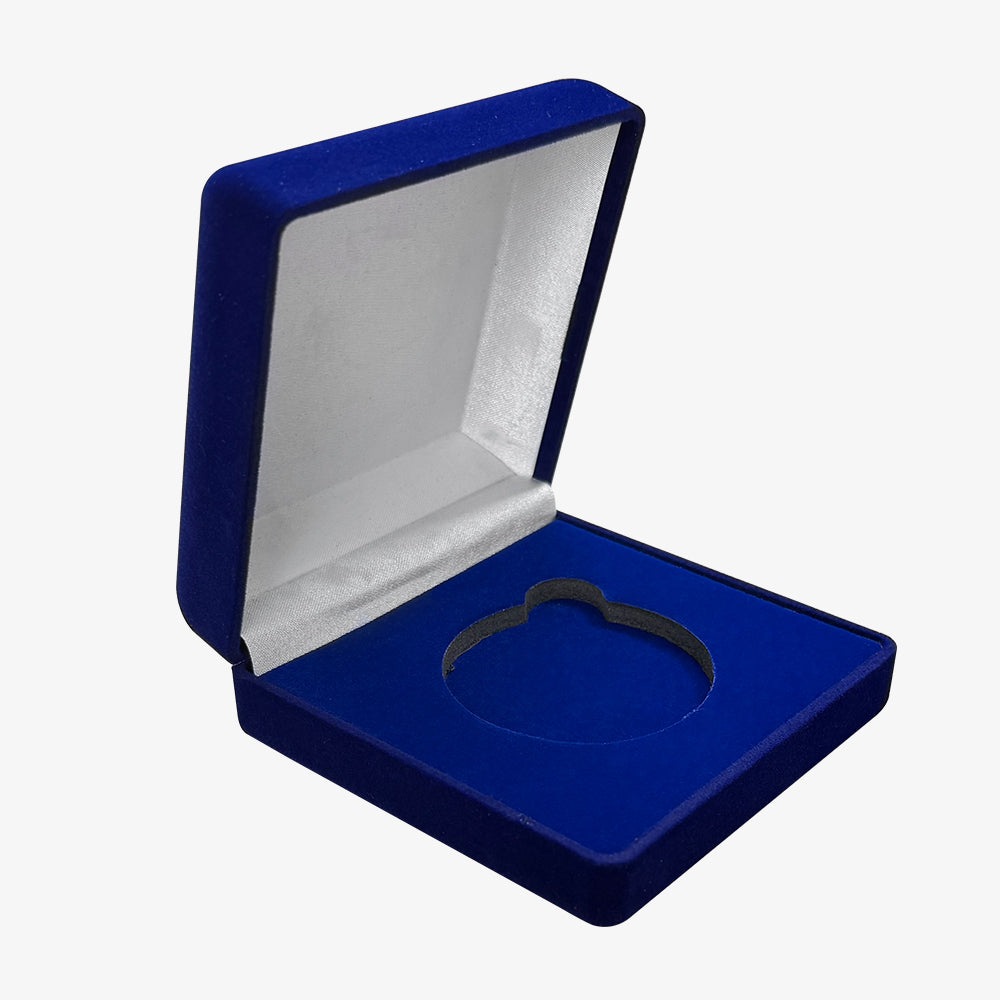Open royal blue velvet coin box with silver satin inner lining and custom foam coin slot