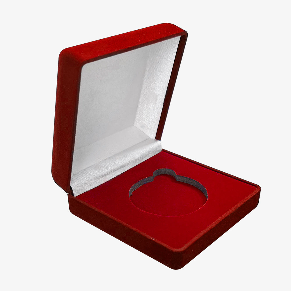 Red velvet coin box, open with white satin inner lining and custom cut dedicated coin storage slot