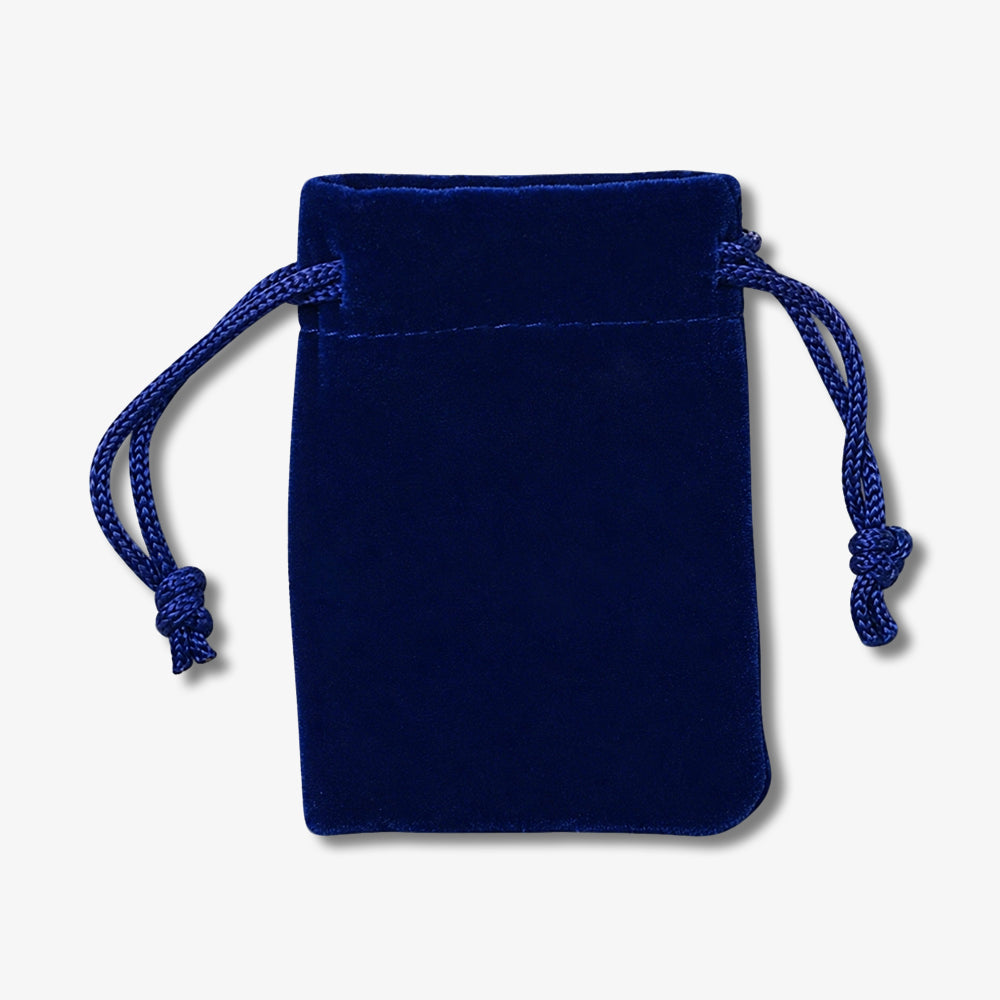 Velvet drawstring bag in deep navy blue, with braided knotted closure cords, soft smooth fabric