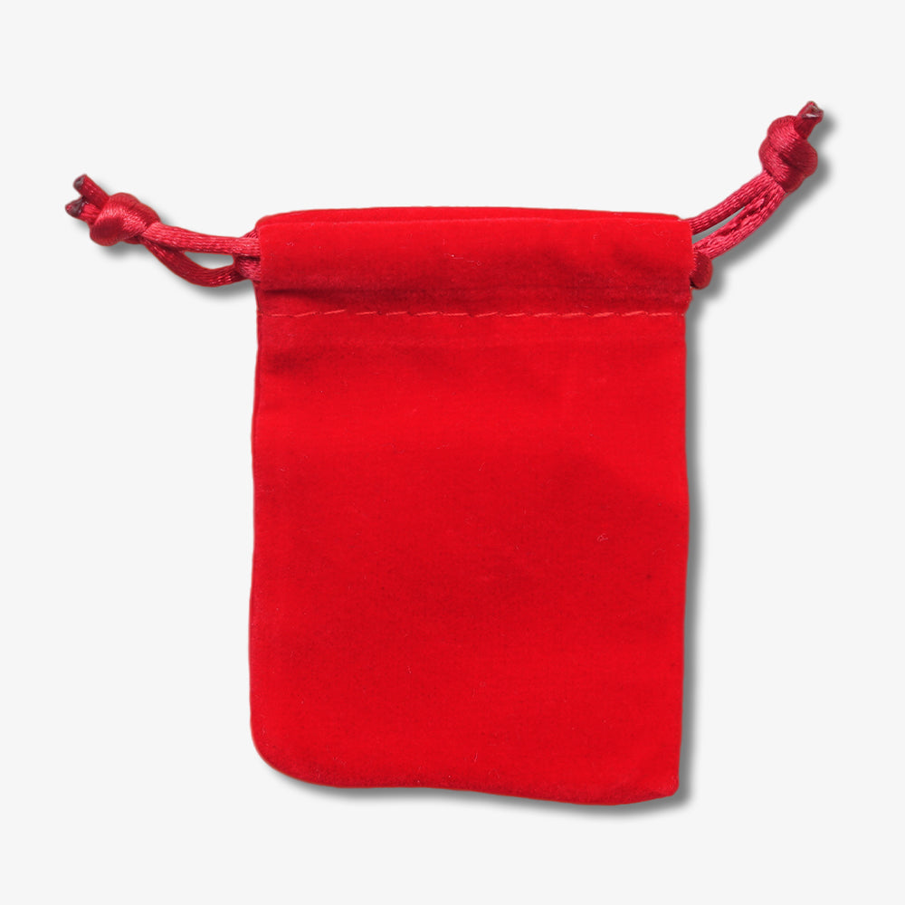 Bright red velvet drawstring bag with matching knotted cords, soft small portable storage pouch