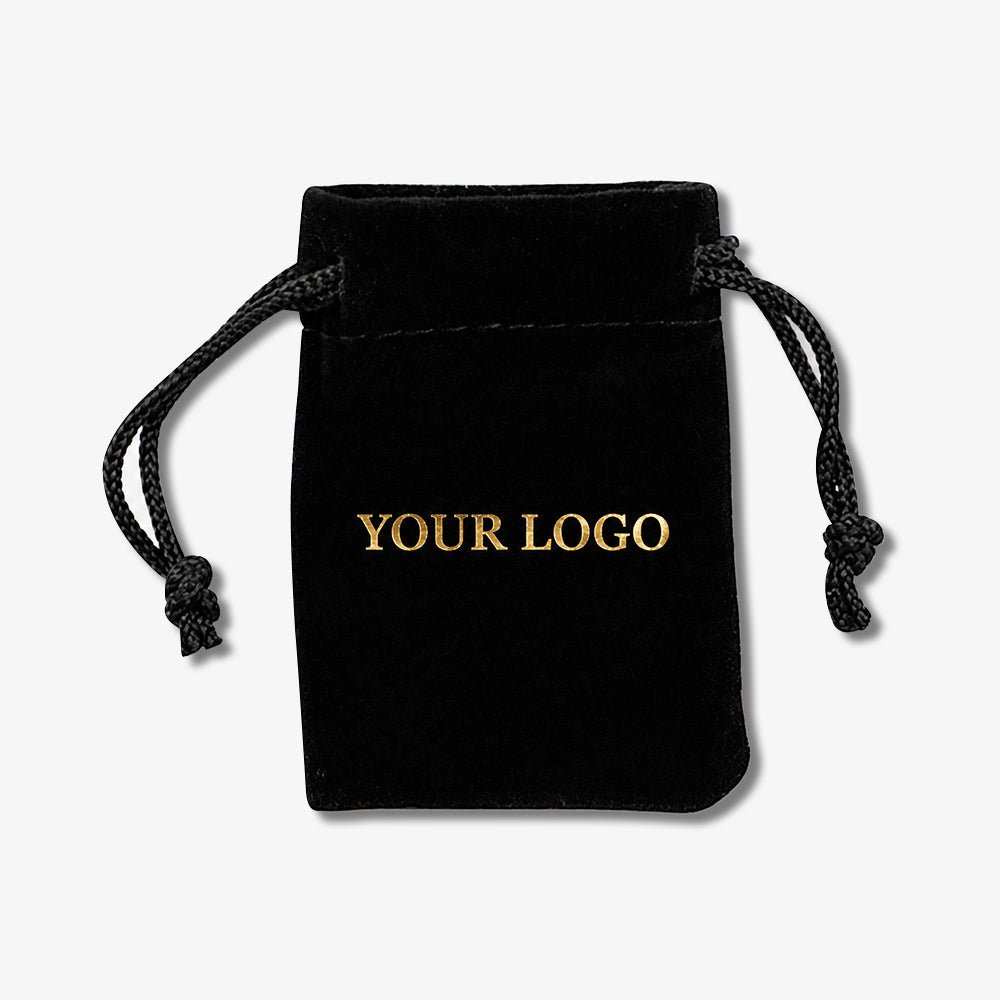 Black velvet drawstring bag with custom gold "YOUR LOGO" print and braided knotted drawstrings