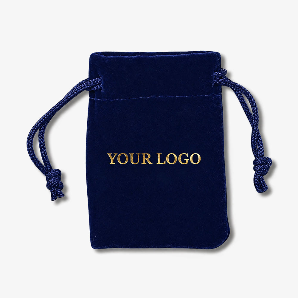 Navy blue velvet drawstring bag with custom gold logo print and braided drawstrings