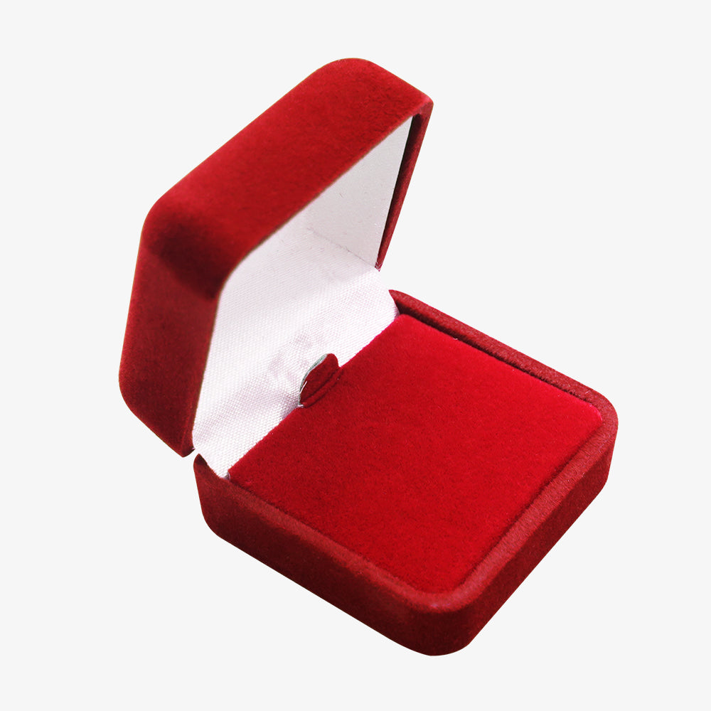 Open red velvet pin box with soft white fabric inner lining, empty for storing lapel pins