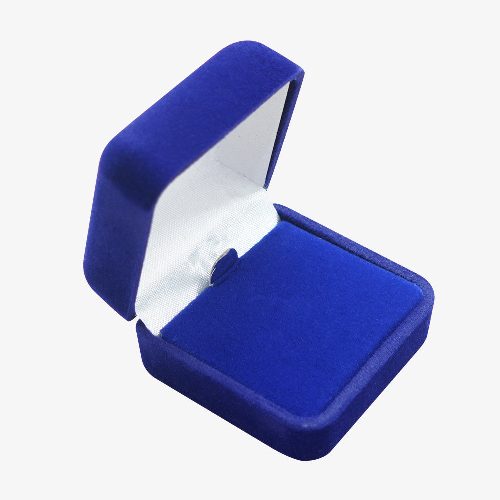 Open royal blue velvet pin box with white satin inner lining, empty lapel pin display storage case