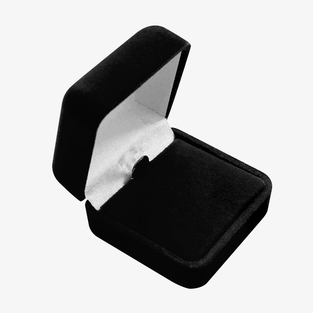 Open black velvet pin box with soft plush exterior and white woven inner lining for storing lapel pins