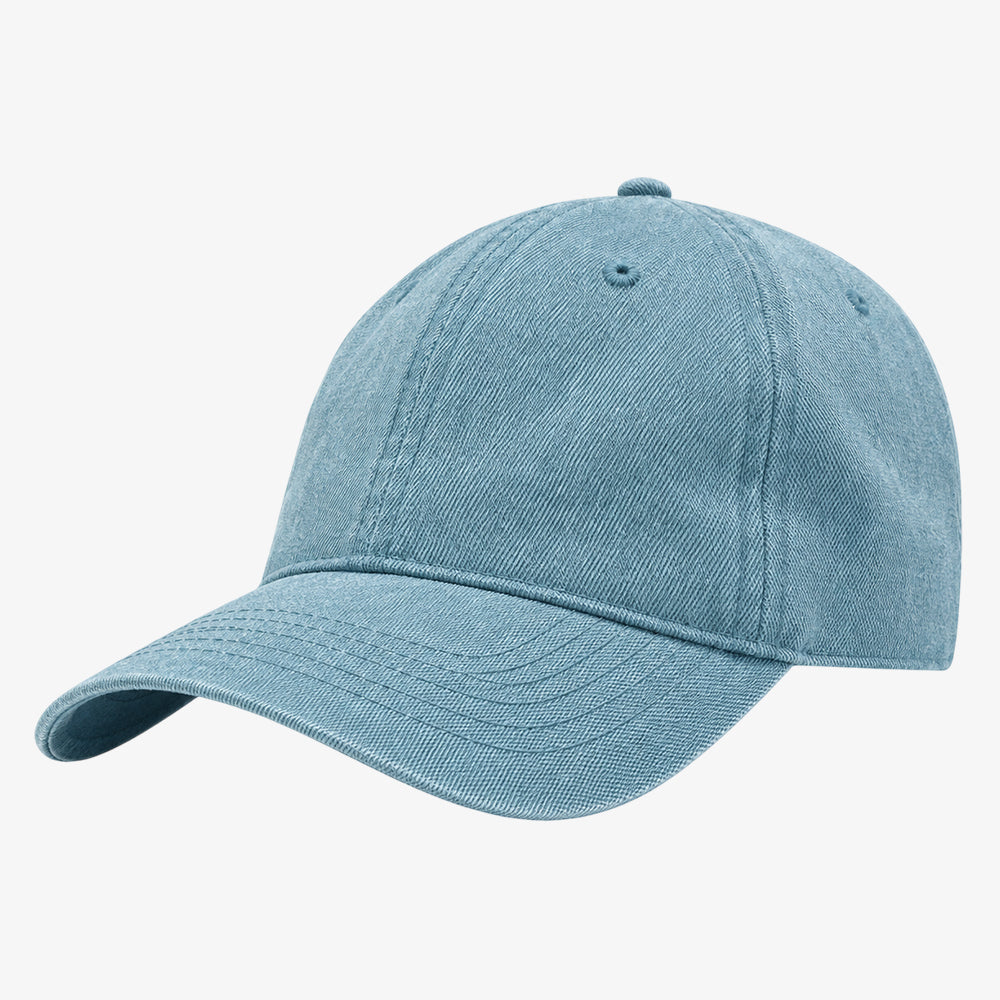 Light blue washed cotton baseball cap with structured crown and curved brim