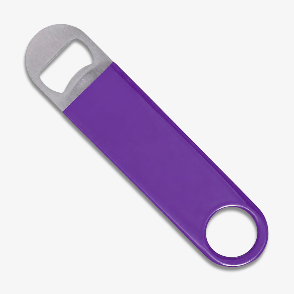 Purple vinyl wrapped paddle bottle opener with solid purple handle and brushed stainless steel opening head