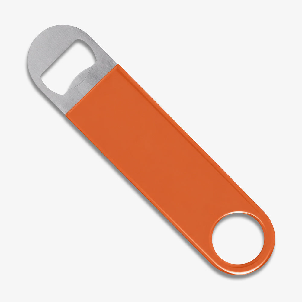 Orange vinyl wrapped paddle bottle opener, with brushed stainless steel opening head and smooth orange handle with round hanging hole