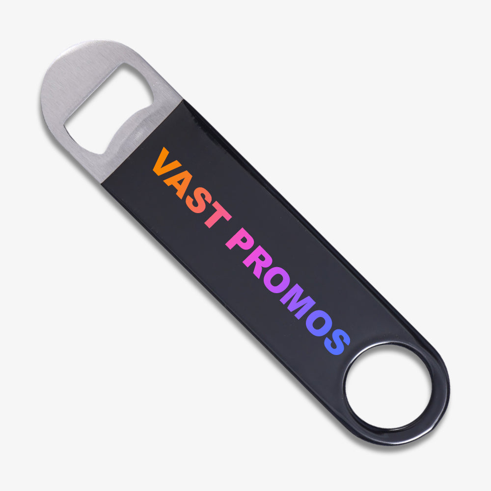 Vinyl Wrapped Paddle Bottle Opener, black finish with gradient colorful custom printed VAST PROMOS logo