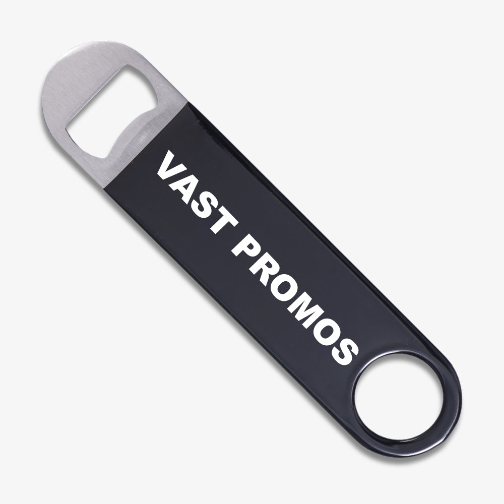 Vinyl Wrapped Paddle Bottle Opener, black with white "VAST PROMOS" print and brushed stainless steel opening end