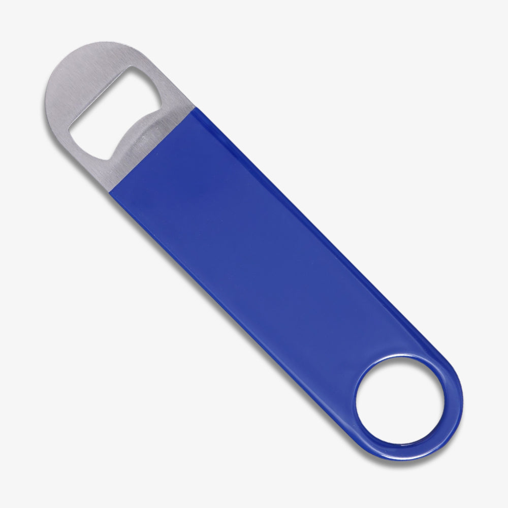Vinyl Wrapped Paddle Bottle Opener, bright blue coated handle with brushed stainless steel opening tip on plain white background