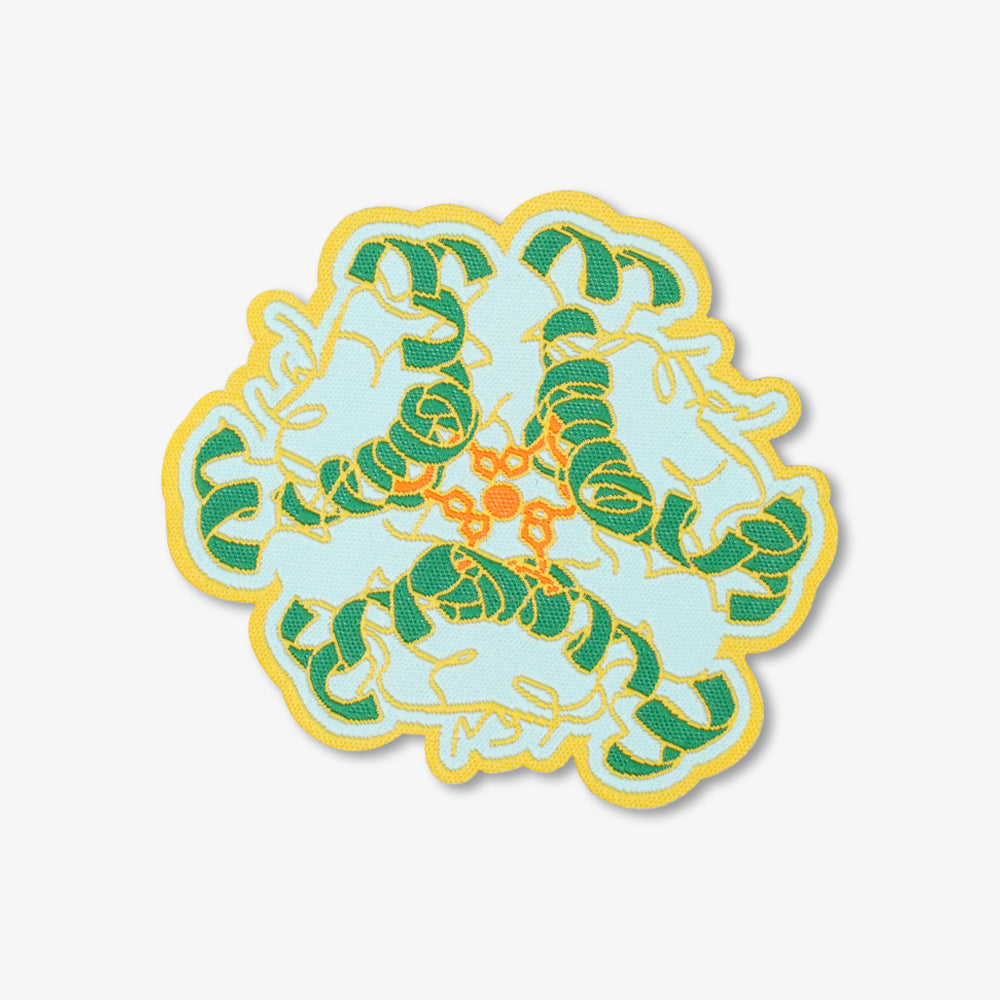 Woven patch with symmetrical coiled snake pattern, light blue base, green embroidery, yellow wavy border and orange center details