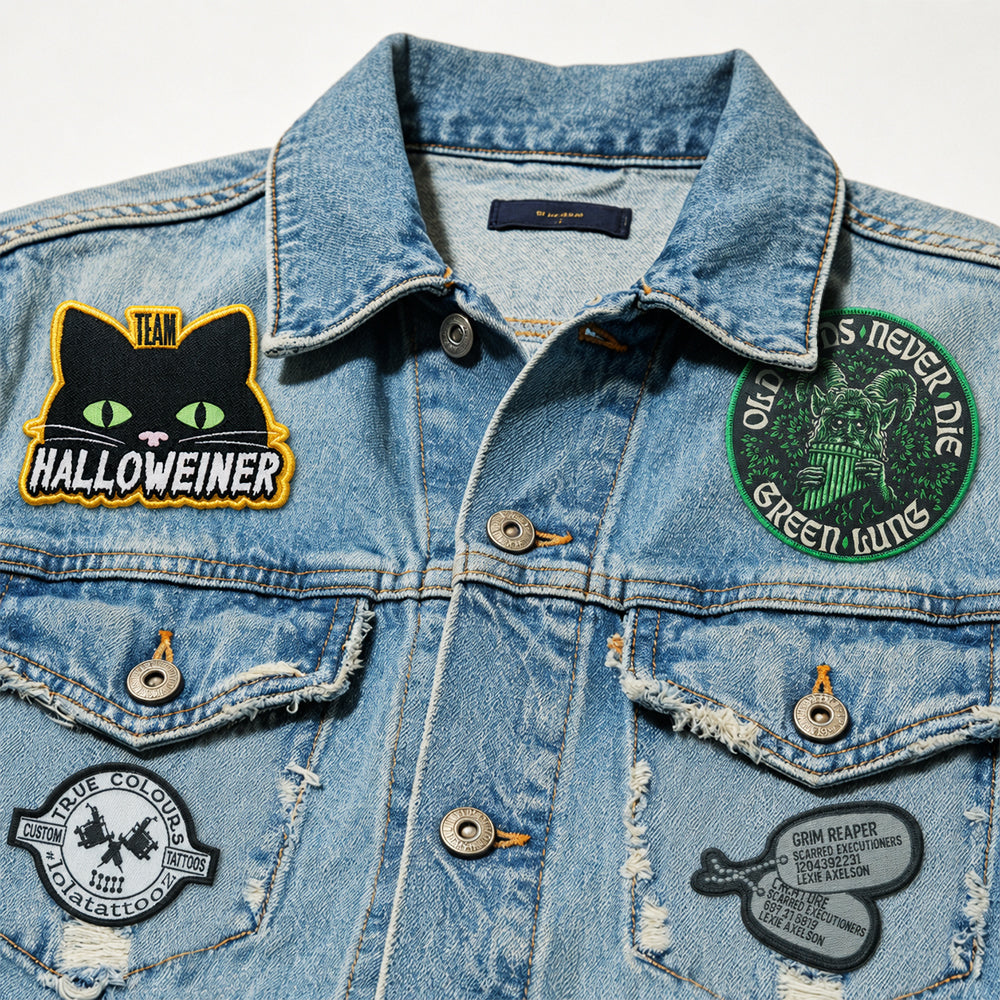 Woven patches with unique graphic and text designs attached to a distressed light wash denim jacket